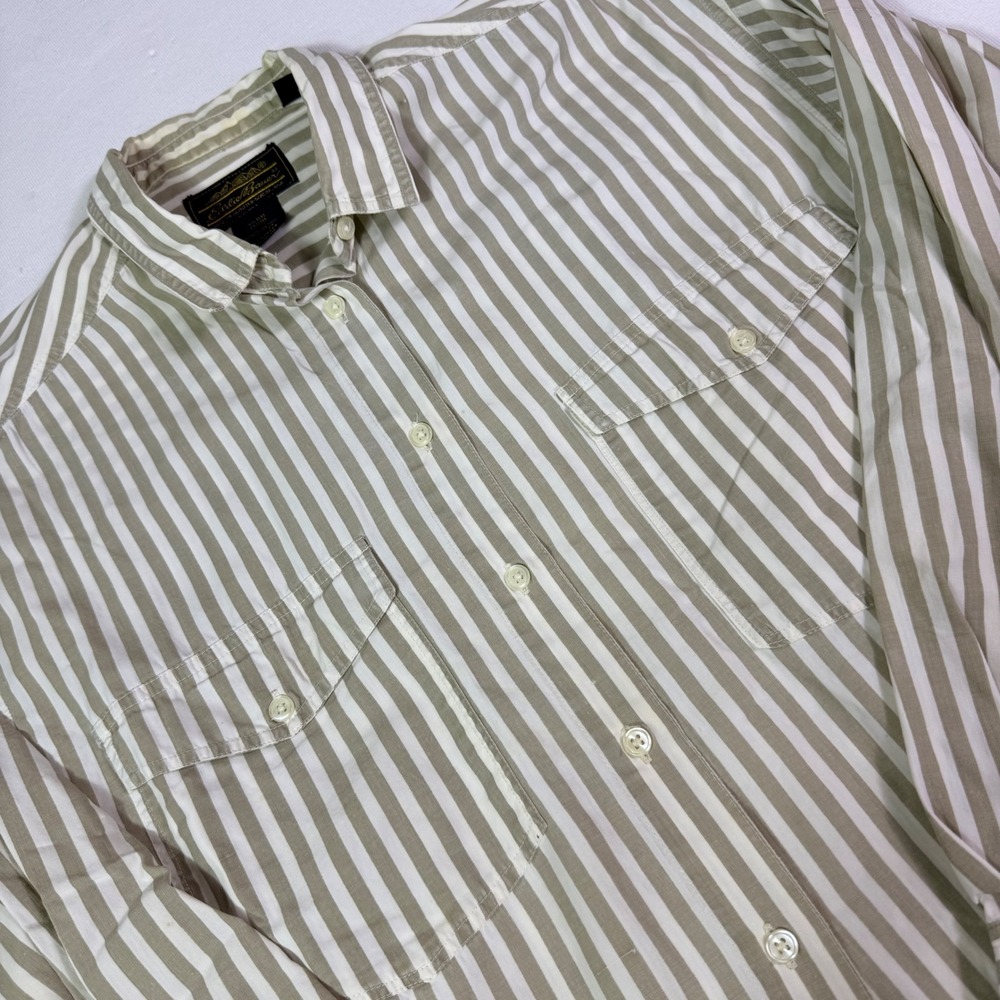 Eddie Bauer Button Down Shirt Large Khaki White Striped Cotton Made in USA